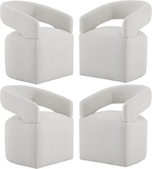 KISLOT Upholstered Dining Chairs Set of 4, Modern Rolling Dining Chairs with Hidden Casters, Arm Kitchen Chairs with Linen Look Fabric, Padded Barrel Chairs for Dining Room, Kitchen, Bedroom, Linen