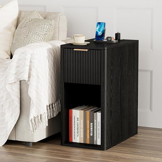 Homleke Narrow End Table with Fluted Drawer and Charging Station, Small Nightstand with USB Ports & Outlets, Bedside Table for Bedroom or Living Room, Modern Accent Table, Black
