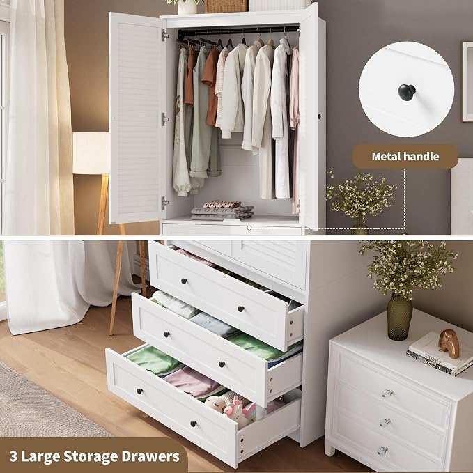 Garvee 70" Wardrobe Armoire Wooden Closet with 2 Doors and 3 Drawers, Bedroom Armoire with Hanging Rod Shelf, Large Capacity Storage Wardrobe Armoire, Freestanding Wooden Closet Storage Cabinet