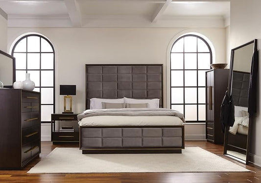Coaster Home Furnishings Durango Contemporary 5-Piece Bedroom Set Velvet Upholstered California King Size Panel Bed Frame 80-inch Headboard Smoked Peppercorn 223261KW-S5