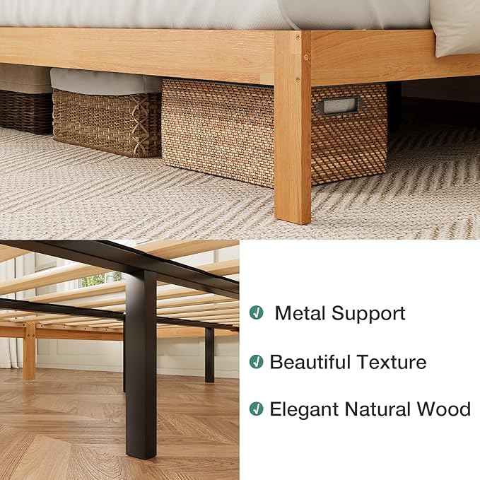 Novilla 12 Inch Queen Bed Frame, Wooden Platform Bed Frame Queen Size, Queen Size Bed Frame Without Headboard, Sturdy Wood Slat Support, No Box Spring Needed, Easy Assembly, Natural Grain Wood