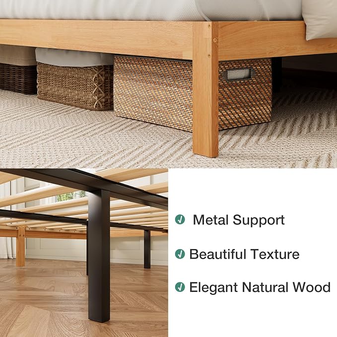 Novilla 12 Inch King Bed Frame, Classic Solid Wooden King Size Platform Bed Frame, Sturdy Wood Slat Support, No Box Spring Needed, Easy Assembly, Natural Grain Wood