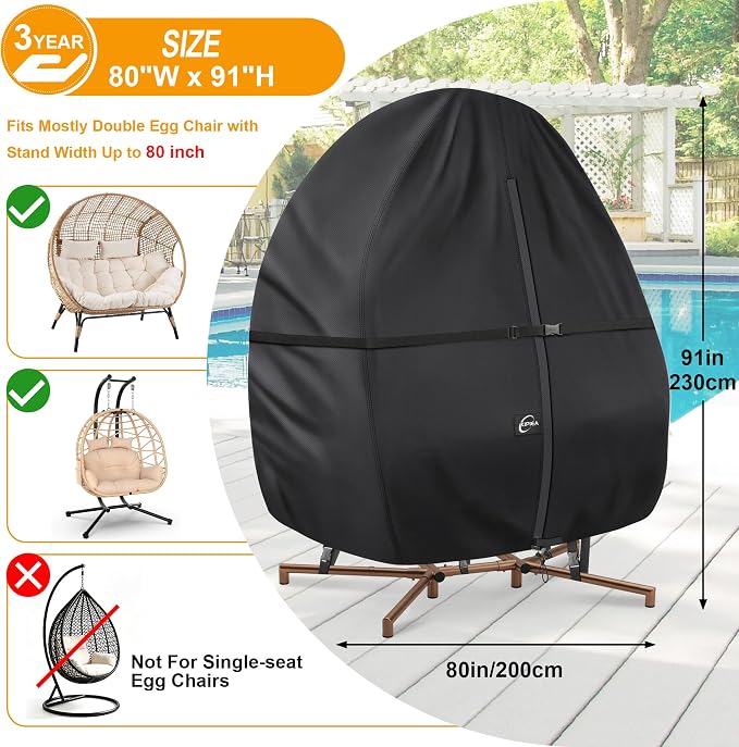 Kipiea Patio Egg Chair Covers Waterproof, 500D Upgraded Outdoor Hanging Egg Chair Covers with Waterproof Zipper, Double Seat Swing Egg Chair Cover, Windproof, Anti-UV, No Tears (Up to 80" W x 91" H)