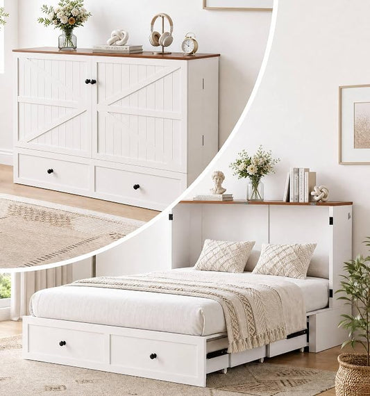 PUREMIND Murphy Bed Queen with Mattress Included, Farmhouse Frame Cabinet Beds Chest with Charging Station & Storage Drawers, Convertible Hideaway Cabinet Bed for Guest Room, White