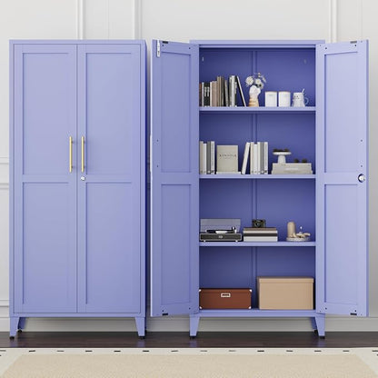 61" H Purple Metal Storage Cabinet with Door and 3 Adjustable Shelves Kitchen Pantry Cabinet with 2 Gold Handles Tall Metal Pantry Cabinet Freestanding Cupboard For Dining Room Living Room Bathroom ﻿