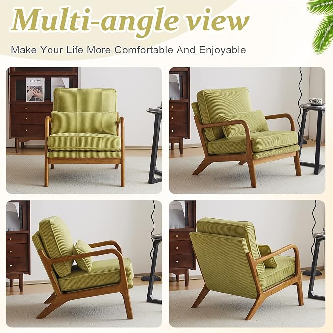 VINGLI Upgraded Premium Corduroy Accent Chair,Upholstered Arm Chair,Solid Wood Comfy Reading Chair with Pillow, Mid Century Modern Chairs for Living Room,Bedroom,Guest Room,Green