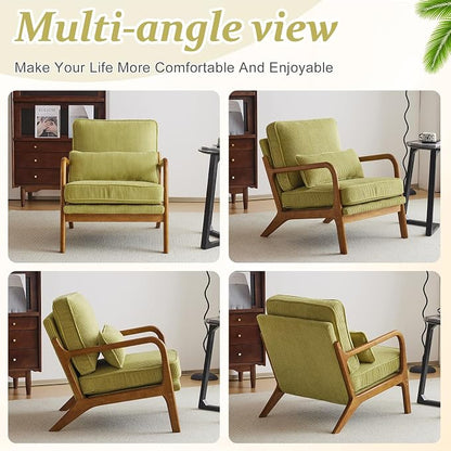 VINGLI Upgraded Premium Corduroy Accent Chair,Upholstered Arm Chair,Solid Wood Comfy Reading Chair with Pillow, Mid Century Modern Chairs for Living Room,Bedroom,Guest Room,Green