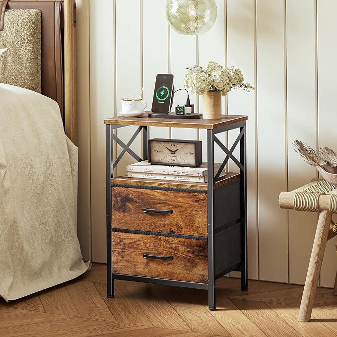 Huuger Night Stand with Charger Station, 2 Drawer Nightstand with Open Shelf, Bed Side Table with USB-C Port, End Table, Compact Size for Small Spaces, X Shaped Side Rail, Rustic Brown