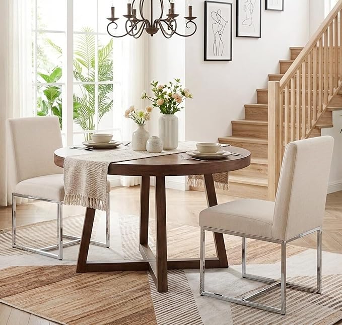 VESCASA Linen Upholstered Dining Chairs Set of 2, Mid Century Modern Padded Chair with Chrome Metal Frame for Restaurant, Dining Room, Kitchen, Cream