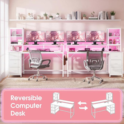 DurayLoly 55" White Computer Desk with 2 Acrylic Cabinet & 3 Fabric Drawers | Integrates Ample Storage & Display, Great Fit for Small Spaces, Outlets Suitable for Studying, Working & Gaming Equipments