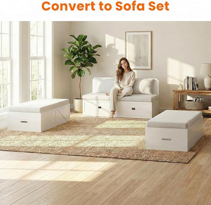 CECER 3-in-1 Queen Murphy Bed with Mattress for Small Space -White | Multi-Functional Desgin that Converts to Sofa Set，Bed and Cabinet，Easy Assemble ＆ Conversion