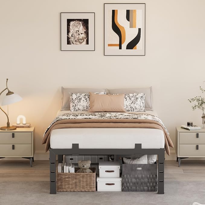 18 Inch Twin XL Bed Frames, Heavy Duty Metal Platform 3500 lbs Capacity, No Box Spring Needed, 6 Mattress Slide Stopper, Headboard Holes, Noise-Free, Easy Assembly, Black