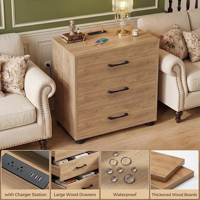 Aheaplus Night Stand Set of 2 with Charger Station, 21.7'' Wider Nightstands with 3 Wooden Drawers, Large Tall Bedside Table, Modern End Side Table Set, Nightstand for Bedroom, Natural Oak