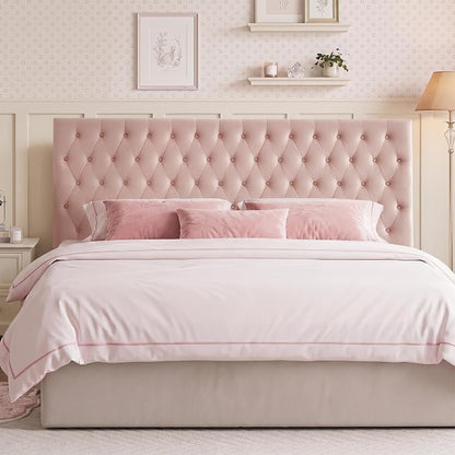 Upholstered Queen Headboard Only, Premium Velvet Button Tufted Headboards, Adjustable Solid Wood Head Board, Padded Headboard with Solid Wood Legs in Bedroom (Pink)