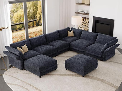 DreamDashio 159" 8-Seat U-Shaped Sectional Sofa, Oversized Modular Cloud Couch with Storage, Adjustable Arms & High Back, Dark Grey Chenille for Large Living Room
