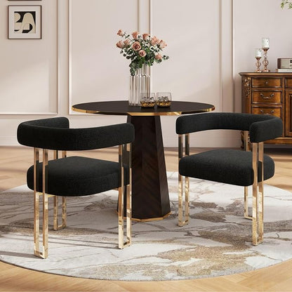 Hyfirm Set of 2 Modern Black Boucle Dining Chairs with Gold Metal Legs, Mid Century Accent Upholstered Barrel Armchairs with Open-Back for Kitchen, Dining Room, Living Room, Apartment