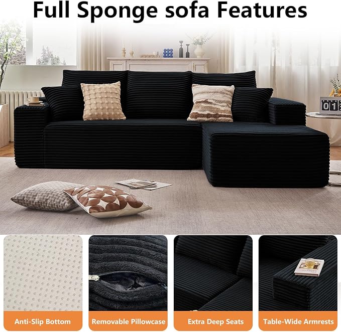 Sectional Couches for Living Room Cloud Couch Sofa with L-Shape Couch in a Box Upholstered Boneless Couchs Modern Modular Sectional Couch with Chaise(Black,3 Seater-Right-Facing Chaise-96)
