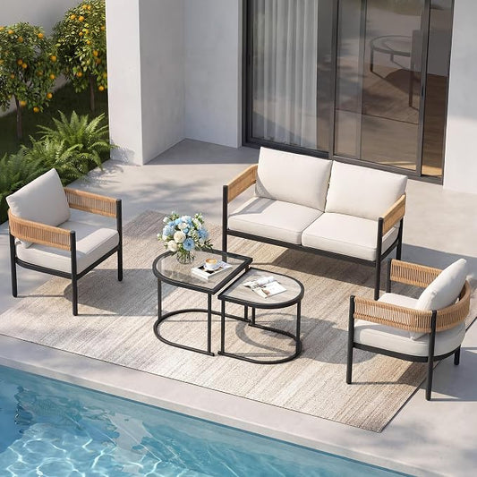 Grand patio 5-Piece Outdoor Furniture Set with Thick Cushions and Coffee Table, Wicker Sofa Conversation Set for Backyard, Natural