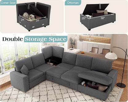 VanAcc 130" Sofa Bed, Sectional Sleeper Sofa with Pull Out Bed, Sleeper Couch for Living Room, 6 Seater Couch with Storage, Corduroy Grey