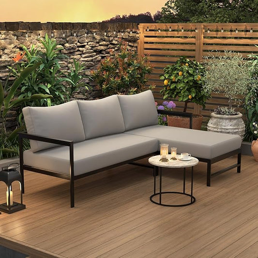 VilroCaz Outdoor L-Shaped Sectional Sofa with 5.9'' Ultra-Thick Cushions, All Weather Patio Conversation Set with Iron Frame for Balcony Garden (Gray-3.24)