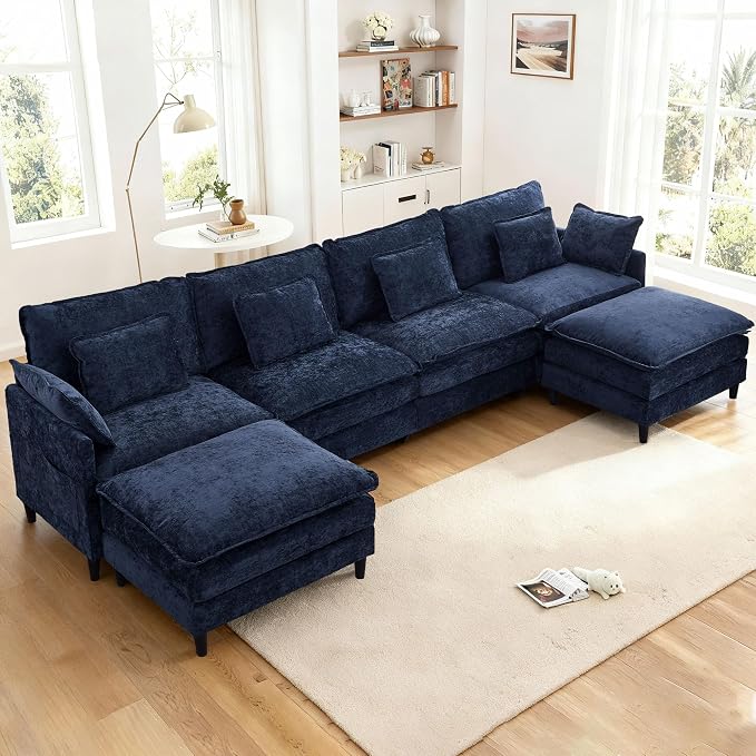 113" Chenille Modular Sectional Sofa, Convertible L Shaped Modular Sofa Comfy Cloud Couch with Ottoman, Side Pockets and 5 Throw Pillows for Living Room (Blue, 150.6" - 6 Seats)