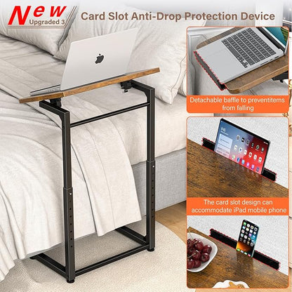Tv Tray Table, 8-Level Adjustable Height Couch Side Table，90° Tilt Angle Adjustments C-Shaped End Table, with Phone & Tablet Slot Sofa Computer Desk for Couch, Sofa, Bed, Chair, Living Room (Brown)