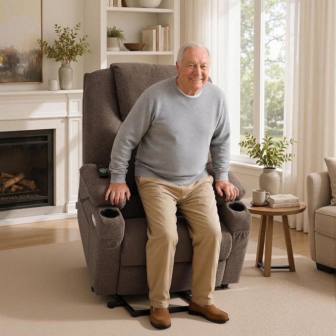 MCombo Power Lift Recliner Chair for Elderly R7045(Brown, Medium-Wide) | Heat and Massage, Breathable Fabric, USB& Type C Charging Port, FSC Certified