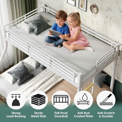 Twin XL Over Queen Bunk Bed Size, Heavy Duty Bunk Beds with Bottom Space & Guardrail Metal Bunk Bed Frame for Adults Dorm Bedroom Guest Room, No Box Spring Needed（Upgrate White）