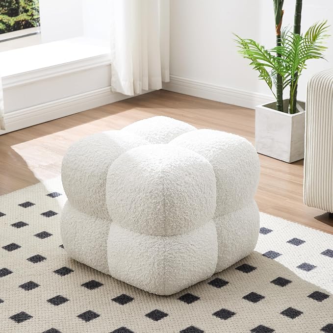 Zesthouse Square Pouf Ottoman Footstool, Modern Backless Vanity Chair for Bedroom, White Fuzzy Foot Rest for Couch, Upholstered Tufted Footstool, Sherpa Fabric Ottoman Coffee Table for Living Room