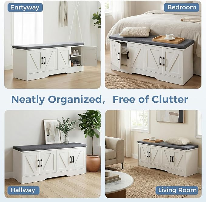 DUMOS Storage Bench, Shoe Organizer Cabinet with Thickened Padded Seat Cushion, Entryway Bench with 2 Doors & Adjustable Shelf for Hallway, Bedroom, Living Room, 28 inch, White