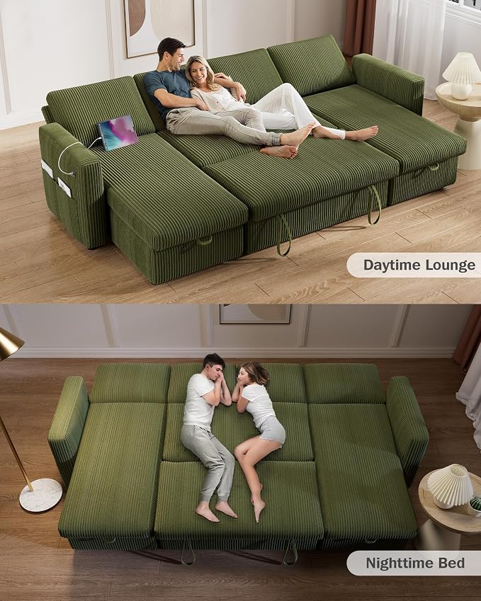 Vipbear 104" Sectional Sleeper Sofa Bed with Pull Out Bed, U Shaped Couch Pull Out Couch with Reclining Backrest, Reversible Storage Chaise, USB Ports, Tool-Free Assembly, Corduroy Green