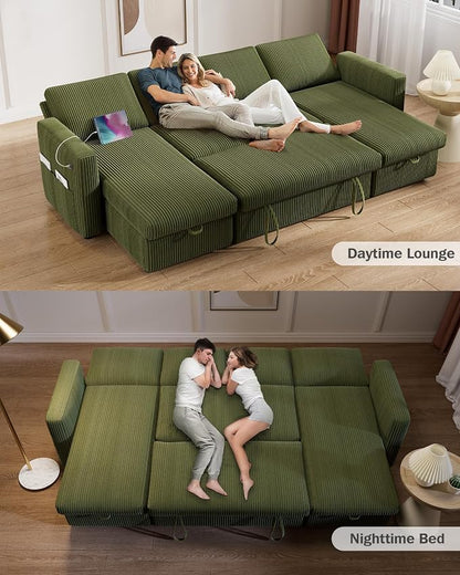 Vipbear 104" Sectional Sleeper Sofa Bed with Pull Out Bed, U Shaped Couch Pull Out Couch with Reclining Backrest, Reversible Storage Chaise, USB Ports, Tool-Free Assembly, Corduroy Green