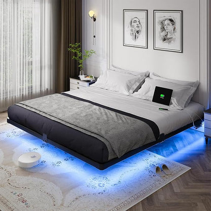 OLEVS King Size Floating Bed Frame, Metal Platform, with LED Light and Charging Station, No Box Spring Needed, Noise-Free, Easy Assembly
