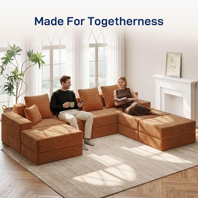 Living&Giving 128" U-Shaped Cloud Sectional Couch for Living Room, Cloud Boneless Couch-No Assembly with Reversible Chaise, Customizable 4-Seat Modular Sectional Sofa with 3 Ottoman, Orange