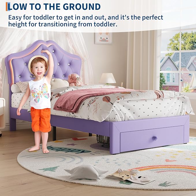 Garvee Full Size Bed Frame with LED Lights & Velvet Crystal Button Headboard, Upholstered Boy Platform Bed with Storage Drawer, Noise Free, No Box Spring Needed for Kids, Teens,