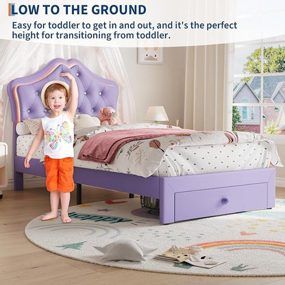 Garvee Full Size Bed Frame with LED Lights & Velvet Crystal Button Headboard, Upholstered Boy Platform Bed with Storage Drawer, Noise Free, No Box Spring Needed for Kids, Teens,