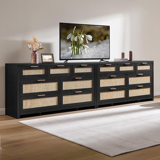 SICOTAS 7 Drawer Dresser for Bedroom, 57" Wide Rattan Dressers, Large Chest of Drawers for Bedroom, Dresser TV Stand, Boho Closet Organizer (Black Oak, 7 Drawers (1 pc))
