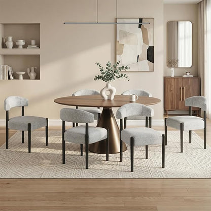 VKNOW Wooden Dining Chairs Set of 6 with Black Legs, Heathered Off-White | Soft Chenille Fabric, Curved Open Back, Thickened Cushion, For Adults and Family, Dining Room, Kitchen, No Wobble