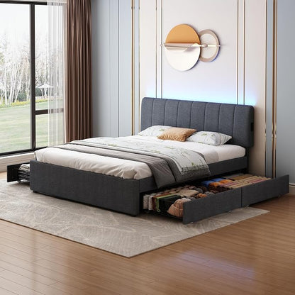 King Size Upholstered Platform Bed with 4 Storage Drawers | 4 Storage Drawers, USB/Type-C Charging,APP-Controlled LED Lights,No Box Spring Needed,Dark Grey Linen Fabric,Easy to Assemble