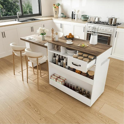 Kitchen Islands with Extendable Dining Table Rolling Islands Power Outlet Mobile Storage Islands Cart on Wheels with Drawers and 2 Side Open Shelves for Dining Room, White