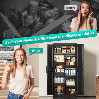 SISESOL 71" Tall Storage Cabinet with 9 Shelves and Hanging Rod,Kitchen Pantry Cabinet with 2 Door,Black Metal Storage Cabinets,Large Cupboard for Home,Kitchen,Laundry,Bathroom
