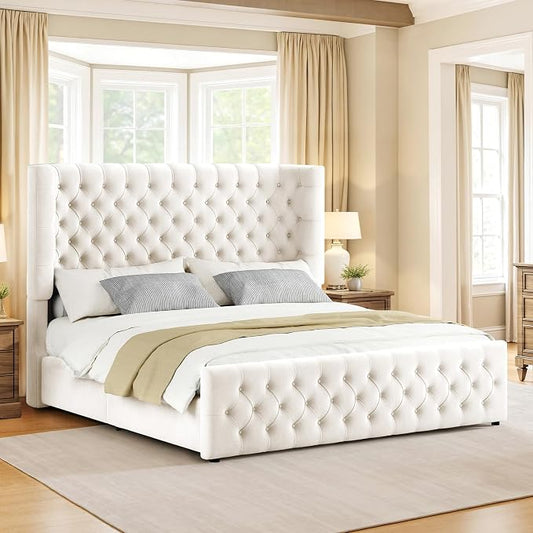 Jocisland California King Size Upholstered Bed Frame with 6.3-Inch Curved Wingback Headboard, Tufted Footboard, Wood Slats, No Box Spring Needed, Beige Velvet