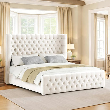 Jocisland King Size Upholstered Bed Frame with 6.3-Inch Curved Wingback Headboard, Tufted Footboard, Wood Slats, No Box Spring Needed, Beige Velvet