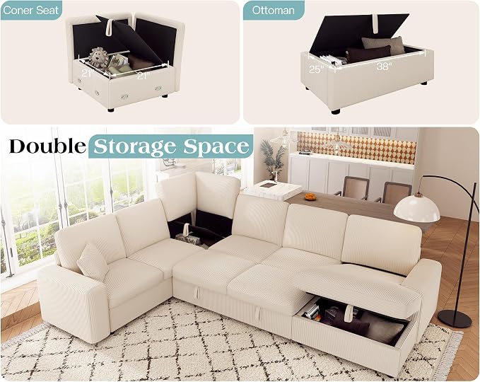 VanAcc 130" Sofa Bed, Sectional Sleeper Sofa with Pull Out Bed, Sleeper Couch with Storage, 6 Seater Couch for Living Room, Corduroy Off-White