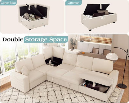 VanAcc 130" Sofa Bed, Sectional Sleeper Sofa with Pull Out Bed, Sleeper Couch with Storage, 6 Seater Couch for Living Room, Corduroy Off-White