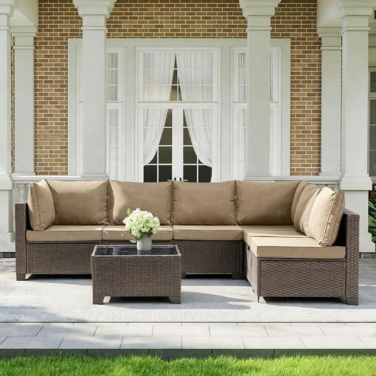 MOCHITO 7 Pieces Outdoor Patio Furniture Sets, All-Weather Sectional Sofa Dark Brown PE Rattan Wicker Conversation Set with Glass Table and Washable Khaki Cushions for Backyard,Sunroom,Garden