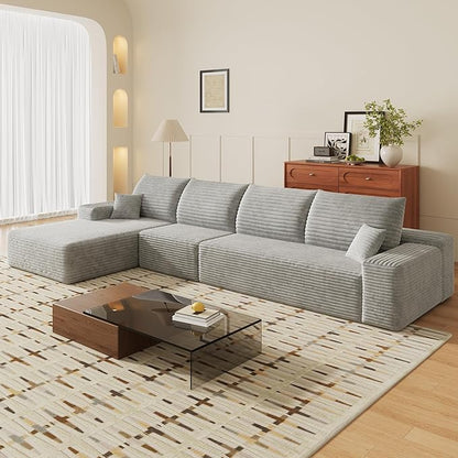 135" Corduroy Couch Sectional with Chaise, L Shape Boneless Cloud Couches for Living Room Bedroom, Modular Corner Couch, Fluffy Deep Seat Compression Sofa, Left Facing Chaise, No Assembly, Grey