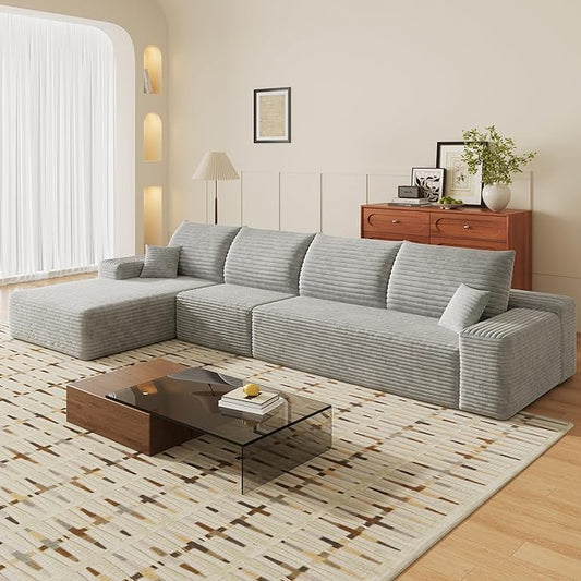 135" Corduroy Couch Sectional with Chaise, L Shape Boneless Cloud Couches for Living Room Bedroom, Modular Corner Couch, Fluffy Deep Seat Compression Sofa, Left Facing Chaise, No Assembly, Grey