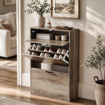 VINGLI Shoe Cabinet Storage for Entryway Ultra Slim with 2 Flip &1Drop-Down Drawers, 24.8" W Narrow Shoe Cabinet for Front Door Entrance,Freestanding Washed Gray Wood Shoes Organizer for Hallway