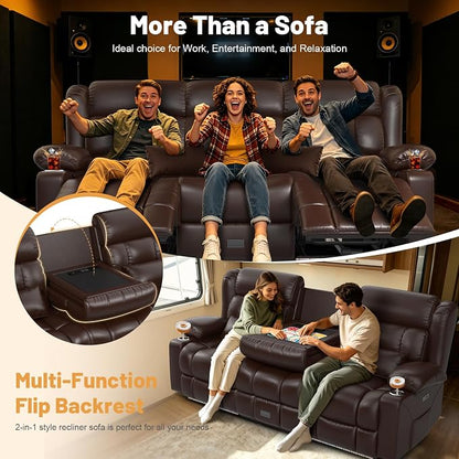 Dresegmt Power Loveseat Recliner Sofa, Zero Wall Hugger RV Reclining Loveseat Couch with Flip Middle Backrest Design, 3 Seat Reclining Sofa with Storage Drawer, Power Recliner for Living Room (Brown)